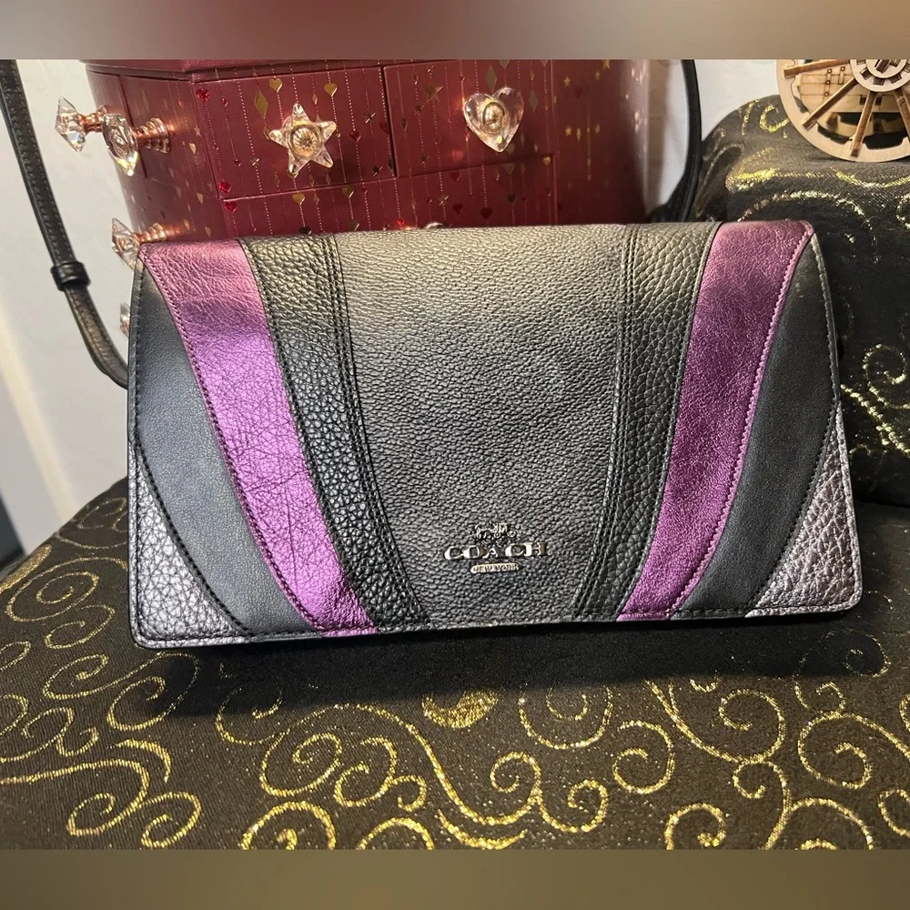 COACH Anna Purple & Black Color block Leather Crossbody Handbag Clutch